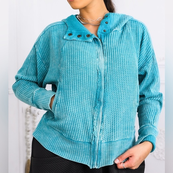Teal Waffle Knit Zip-Up Hoodie - Picture 1 of 5